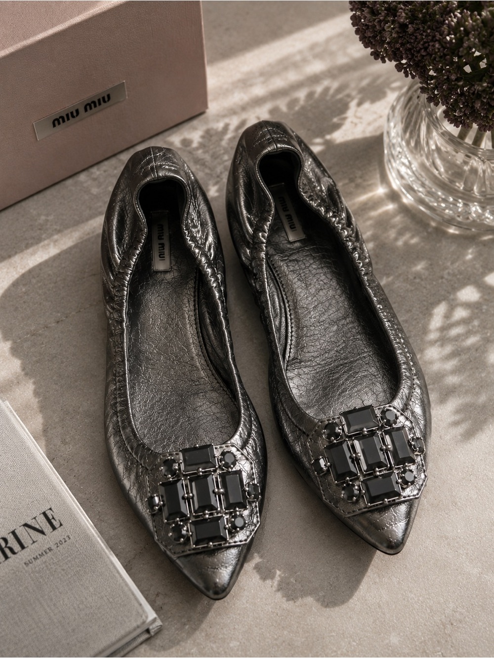 Miu Miu Metallic Pewter Leather Crystal Pointed Toe Ballet Flats Size 37